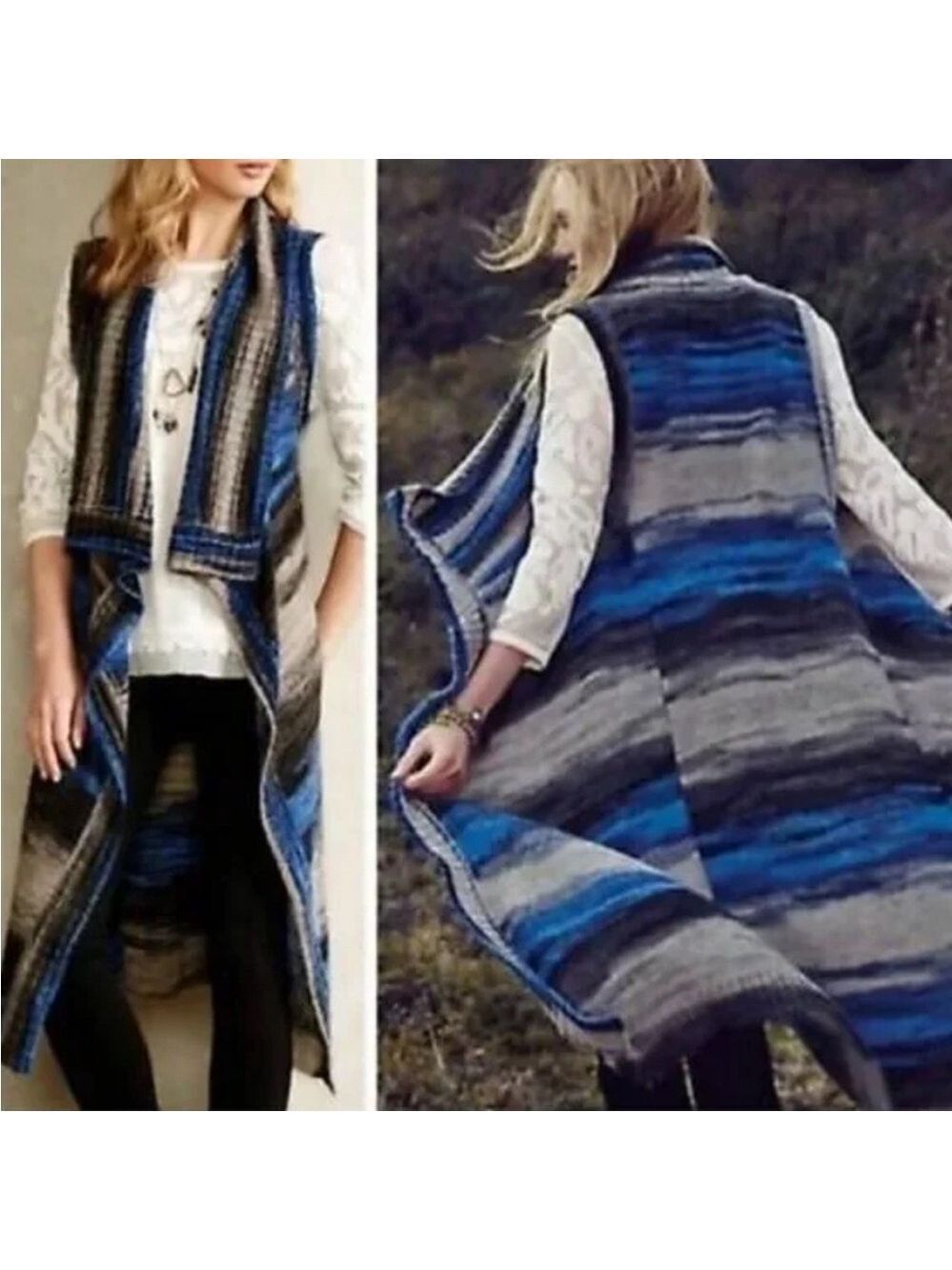 Anthropologie Moth Space Knit Long Sleeveless Cardigan Sweater SZ XS Grey Blue